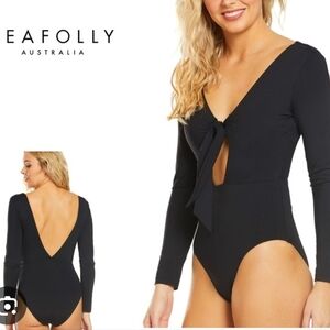 Seafolly Black Tie-Front‎ Long-Sleeve Surfsuit Swimsuit Rashguard Size 12